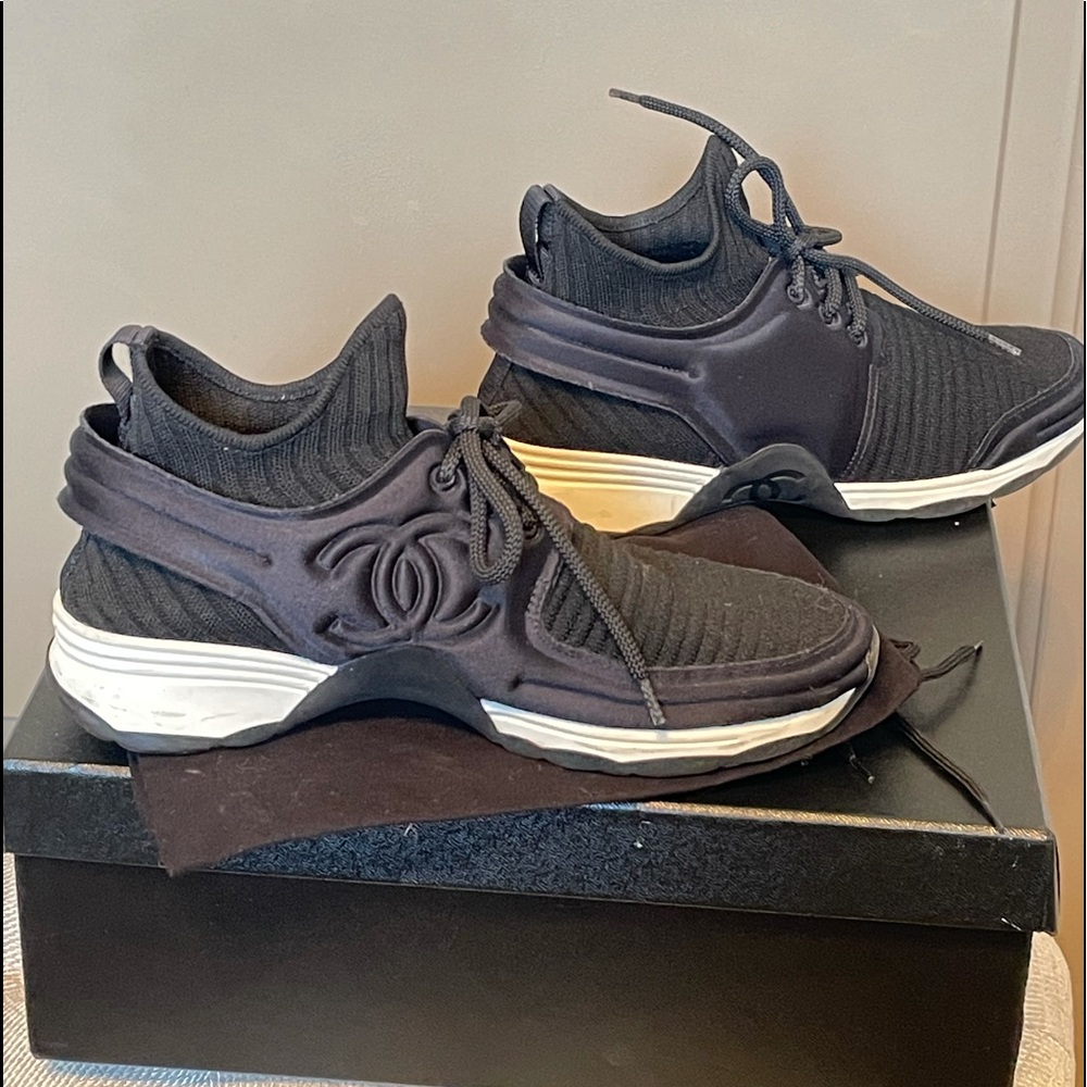 Chanel Black Stretch Fabric and Satin Sneakers - Picture 2 of 10